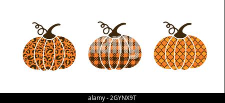 Pumpkins made of buffalo plaid, leopard and arabesque pattern.  Cute autumn decorations. Vector template for Thanksgiving day, Halloween, harvest fest Stock Vector