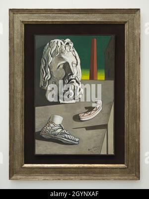 Painting 'Metaphysical Composition with the Head of Jupiter' by Italian modernist painter Giorgio de Chirico (1970) on display in the Museum of Modern Art (Musée d'Art Moderne de Paris) in Paris, France. Stock Photo