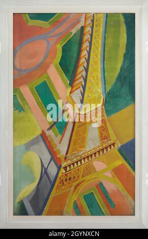Painting 'Eiffel Tower' by French modernist painter Robert Delaunay (1926) on display in the Museum of Modern Art (Musée d'Art Moderne de Paris) in Paris, France. Stock Photo