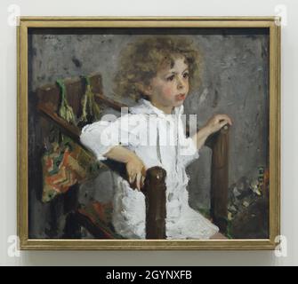 Painting 'Portrait of Mika Morozov' by Russian Impressionist painter Valentin Serov (1901) on display at the exhibition 'Icons of Modern Art from the Morozov Collection' in the Fondation Louis Vuitton in Paris, France. Mikhail 'Mika' Morozov (1897-1952) was a son of Russian art collector Mikhail Abramovich Morozov. The exhibition devoted to the Morozov Collection runs till 22 February 2022. Stock Photo