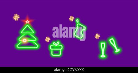 New Years neon icons with green glow featuring a Christmas tree a gift a New Year's sock a pair of champagne glasses and with hashtag sign on a purple background. Vector illustration Stock Vector