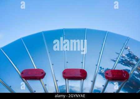 Rounded metal american caravan used as mobile catering vehicle. Rear view Stock Photo