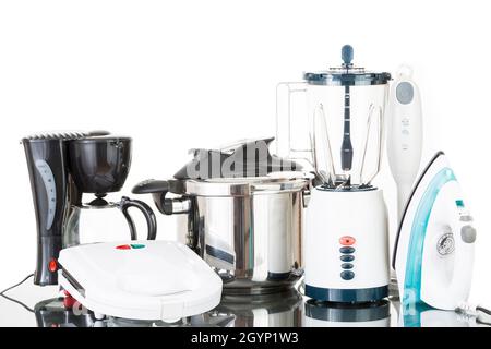 Kitchen Appliances Set. Red Blender, Toaster, Coffee Machine, Meat Ginder,  Food Mixer and Coffee Grinder on a white background. 3d Rendering Stock  Photo - Alamy