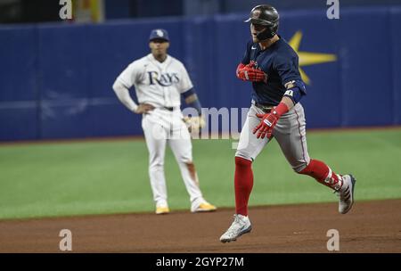 St. Petersburg, United States. 08th Oct, 2021. Boston Red Sox's Kiki  Hernandez gestures toward his dugout after hitting a solo home run off  Tampa Bay Rays reliever Collin McHugh during the fifth