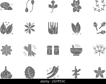 Set of Spice Grey Icons. Nutmeg, Capers, Parsley, Oregano, Cardamom and more. Stock Vector