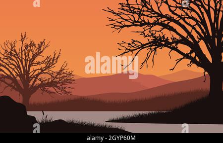 Fantastic mountain views from the countryside at dusk with the silhouettes of dry trees all around. Vector illustration of a city Stock Vector