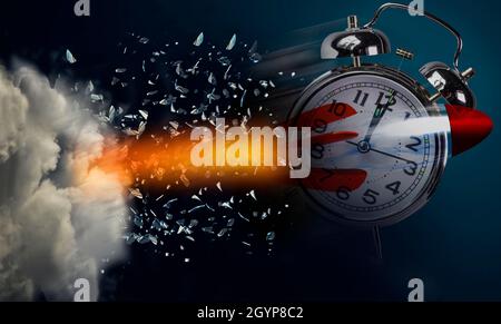 time clock fast running missile breaking in  flying pieces time pass memory loss future new era feelings  dispai psychology Stock Photo