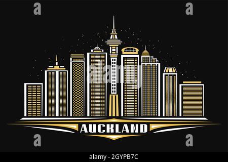 Vector illustration of Auckland, black horizontal poster with linear design illuminated auckland city scape, urban line art concept with decorative le Stock Vector