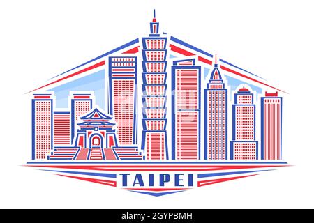 Vector illustration of Taipei, horizontal poster with linear design taipei city scape on day sky background, outline urban line art concept with decor Stock Vector