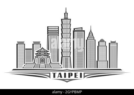 Vector illustration of Taipei, monochrome horizontal poster with linear design famous taipei city scape, urban line art concept with unique decorative Stock Vector