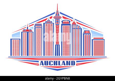 Vector illustration of Auckland, horizontal poster with linear design auckland city scape on day sky background, urban line art concept with decorativ Stock Vector