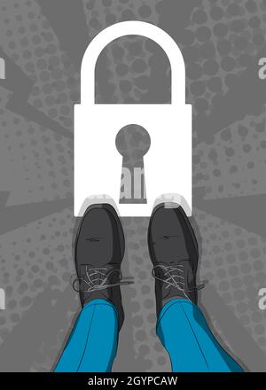 Comic book illustrated vector image of legs in boots on Padlock icon. Feet shoes walking. Stock Vector