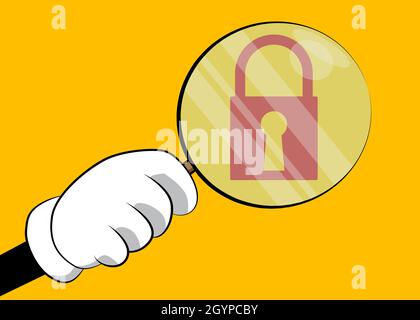 Padlock icon under magnifying glass illustration on yellow background. Stock Vector