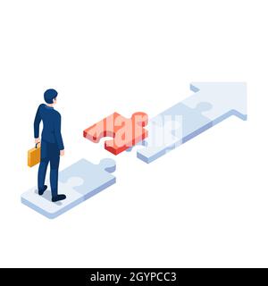 Flat 3d Isometric Businessman Standing on Puzzle Arrow with Last Piece of Jigsaw. Business Solution and Career Path Concept. Stock Vector