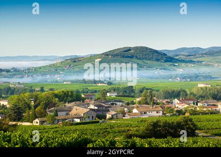 Le Mont Brouilly, et les villages de Cercié et Morgon, Beaujolais, France Stock Photo