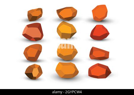 Cartoon orange, brown stones. Rock stone isometric set. Colorful boulders, natural building block shapes, wall stones. 3d flat isolated illustration Stock Vector