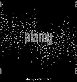 Falling numbers, big data concept. Binary white random flying digits. Dramatic futuristic banner on black background. Digital vector illustration with Stock Vector