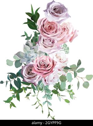 Vector floral bouquet set, editable design elements. Light pink garden cabbage and peony roses, white anemone flowers, tender greenery eucalyptus, Stock Vector