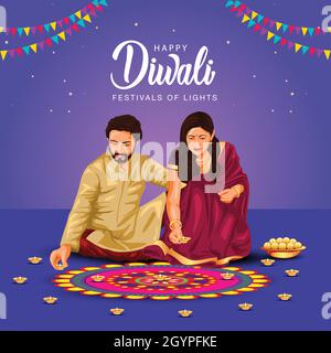 Indian festival of Diwali celebration background with decorated Rangoli and Diya. vector illustration design. Stock Vector