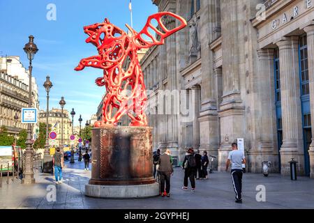 PARIS, FRANCE - AUGUST 30, 2019: This is a modern sculpture Angel Bear (by Richard Tesier) at the entrance to the Gare du Nord. Stock Photo