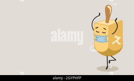 dreidel characters wearing mask for protection in pandemic and playing spinning game. Dreidel spinning, falling and having fun during Hanukkah festiva Stock Vector