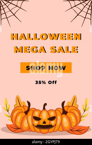 hand drawn halloween sale poster with scary pumpkin, floral, and cobweb Stock Vector