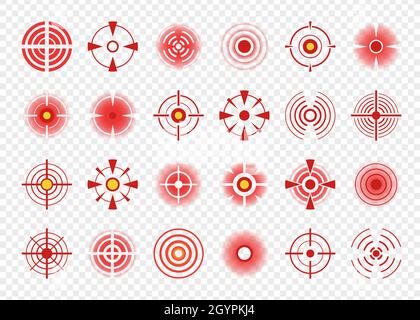 Red circle pain icon, body pains target marks or spots. Painful muscles and joints target signs, headache indication points symbols vector set. Healthcare problems, ache or injury therapy Stock Vector