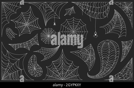 Halloween cobwebs with spiders, black spiderweb frames and borders. Scary cobweb frame or corner decoration, spooky web silhouette vector set. Horror hanging insect on web for holiday decoration Stock Vector