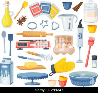 Cartoon dessert baking ingredients and kitchen utensils. Flour, eggs, oil, milk cooking ingredient, kitchenware and bakery supplies vector set. Isolated tools and food for bakery products Stock Vector