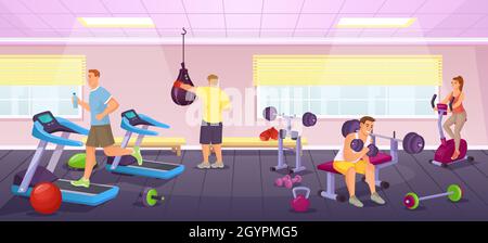 People exercise in sport gym, workout with fitness equipment. Cartoon training club interior with men and women working out Vector illustration. Sportsman characters doing physical activities Stock Vector