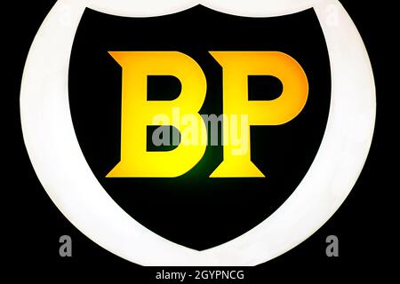 BP (British Petroleum) logo on illuminated advertising sign on exhibition in Baku, Azerbaijan - april, 12, 2017