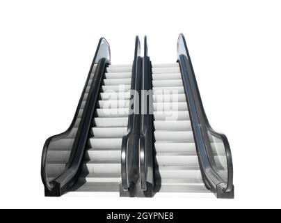 Front view of two modern escalators isolated on white background Stock Photo