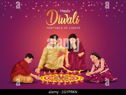 Indian family celebrate Diwali festival background with decorated Rangoli and Diya. vector illustration design. Stock Vector