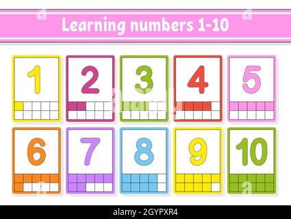 Set flash cards for kids. Learning numbers 1-10. Education developing worksheet. Activity page for school. Color game for children. Vector illustratio Stock Vector