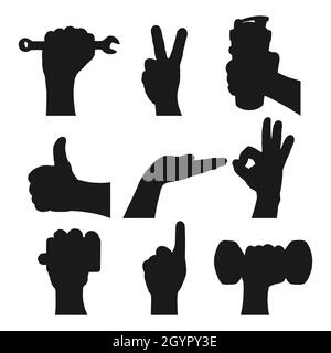 Male hand gestures. Black silhouette. Design element. Vector illustration isolated on white background. Template for books, stickers, posters, cards, Stock Vector