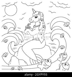 Cute unicorn mermaid drinks juice. Coloring book page for kids. Cartoon style character. Vector illustration isolated on white background. Stock Vector