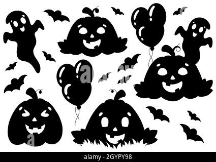 Set of elements for Halloween pumpkins, ghosts, bats. Black silhouette. Design element. Vector illustration isolated on white background. Halloween th Stock Vector