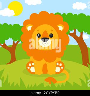 A cute lion is standing on the grass. Beautiful landscape. Colored background for your design. For wallpapers, covers, postcards, banners. Vector illu Stock Vector