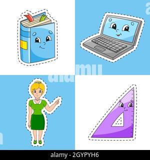 Sticker with contour. Cartoon character. Colorful vector illustration. Isolated on color background. Template for your design. Back to school theme. Stock Vector