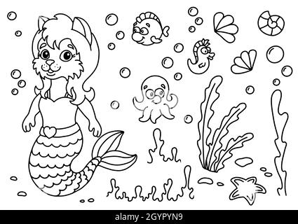 Cute mermaid cat in the underwater world. Coloring book page for kids. Cartoon style. Vector illustration isolated on white background. Stock Vector