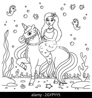 A mermaid rides a unicorn. Coloring book page for kids. Cartoon style character. Vector illustration isolated on white background. Stock Vector