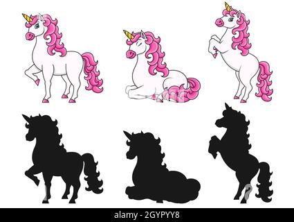 Cute unicorn. Magic fairy horse. Cartoon character. Black silhouette. Colorful vector illustration. Isolated on white background. Design element. Stock Vector
