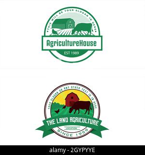 Set of agriculture cow chicken farm farming logo design Stock Vector