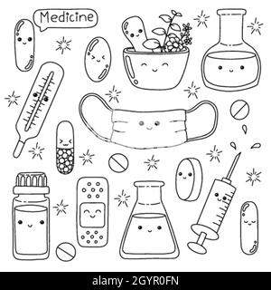 Medicine theme. Coloring book page for kids. Cartoon style character. Vector illustration isolated on white background. Stock Vector