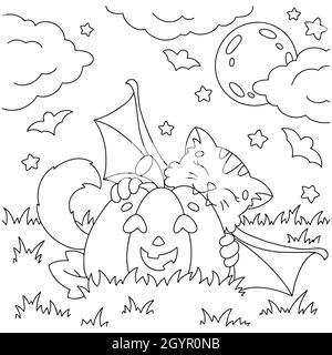 A cute bat bites a pumpkin. Coloring book page for kids. Halloween ...