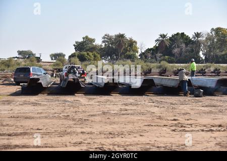 Workers prepare sheet piling for barrier construction along the Colorado River near Yuma, Arizona, January 22, 2020. The U.S. Army Corps of Engineers, South Pacific Border District is providing contracting services, including design and construction oversight, of Department of Defense-funded Southwest border barrier projects in California, Arizona, New Mexico and Texas at the direction of the Administration and at the request of Department of Homeland Security, Customs and Border Protection (Some personal and corporate identifiable markings have been masked for privacy reasons. No one in this Stock Photo