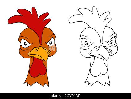 Angry rooster. Coloring book for kids. Displeased poultry. Team mascot. Cartoon style. Colored vector illustration. Stock Vector