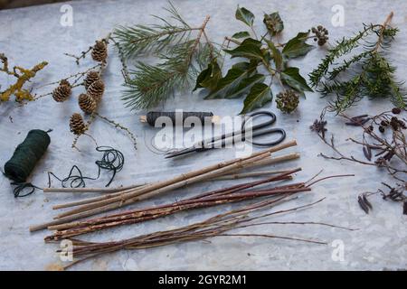 Adventsstern, Advents-Stern, Stern aus sten, stchen, Zweigen, Efeu,  Hagebutten, eibe, Kiefer und anderen Naturmaterialien, Bastelei,  Weihnachtsstern Stock Photo - Alamy