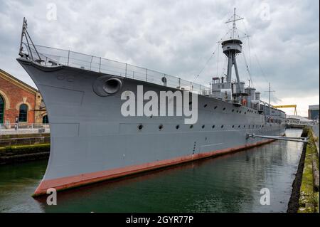 Belfast, N.Ireland- Sept 4, 2021: HMS Caroline Royal Navy National Museum  at Belfast docks. Stock Photo