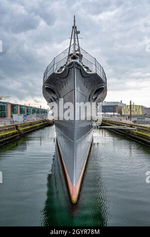 Belfast, N.Ireland- Sept 4, 2021: The bow of HMS Caroline which is now part of the Royal Navy National Museum  at Belfast docks. Stock Photo